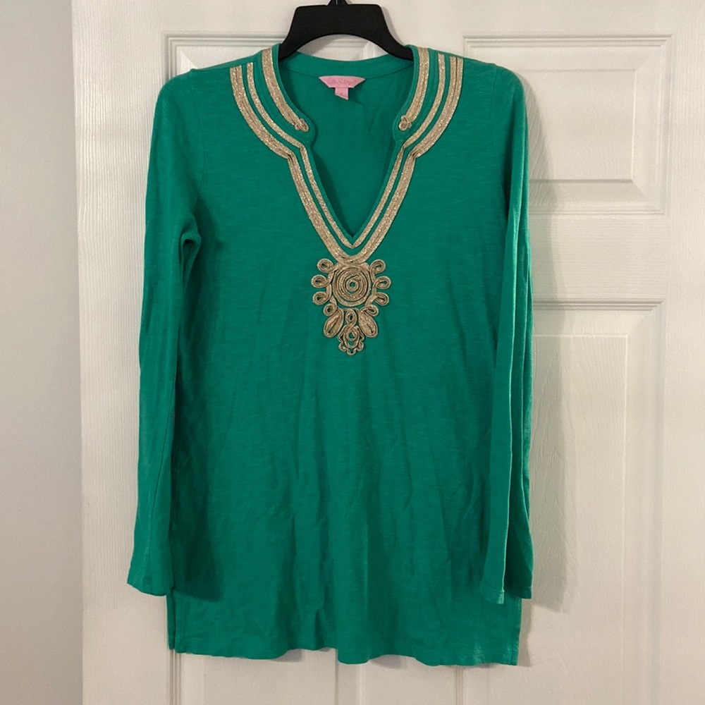 Lilly Pulitzer Shirt green and gold color size S length 27” bust 36”